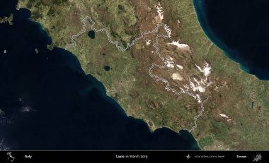 Lazio. İtalya 'nın idari bölgesi, Mart 2019' da çekilen Kopernik Nöbetçi karolarından oluşan bir uydu görüntüsüyle özetlenmiştir.