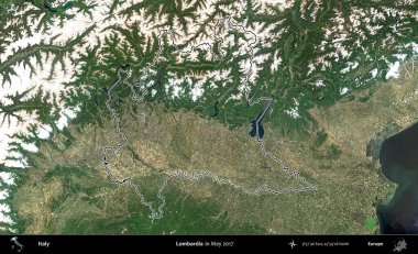 Lombardia 'da. İtalya 'nın idari bölgesi, Mayıs 2017' de çekilen Kopernik Nöbetçi karolarından oluşan bir uydu görüntüsüyle özetlenmiştir.