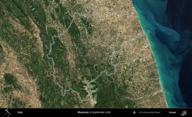 Macerata. İtalya 'nın idari bölgesi, Eylül 2018' de çekilen Kopernik Nöbetçi karolarından oluşan bir uydu görüntüsüyle özetlenmiştir.