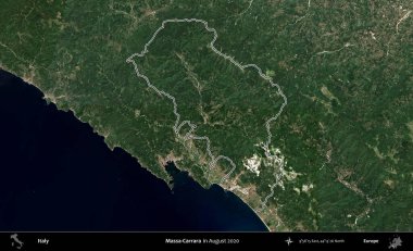 Sahip-Carrara. İtalya 'nın idari bölgesi, Ağustos 2020' de çekilen Kopernik Nöbetçi karolarından oluşan bir uydu görüntüsüyle özetlenmiştir.