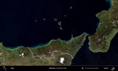 Messina. İtalya 'nın idari bölgesi, Ocak 2018' de çekilen Kopernik Nöbetçi karolarından oluşan bir uydu görüntüsüyle özetlenmiştir.