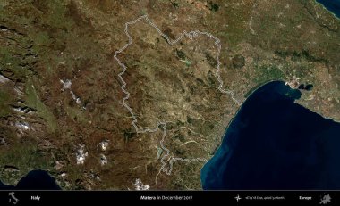 Matera. İtalya 'nın idari bölgesi, Aralık 2017' de çekilen Kopernik Nöbetçi karolarından oluşan bir uydu görüntüsüyle özetlenmiştir.