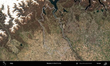 Novara. İtalya 'nın idari bölgesi, Mart 2019' da çekilen Kopernik Nöbetçi karolarından oluşan bir uydu görüntüsüyle özetlenmiştir.