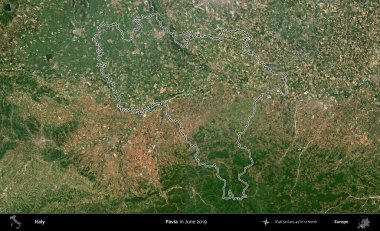 Pavia. İtalya 'nın idari bölgesi, Haziran 2019' da çekilen Kopernik Nöbetçi karolarından oluşan bir uydu görüntüsüyle özetlenmiştir.