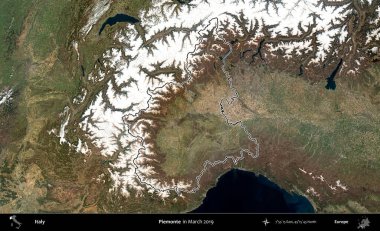Piemonte. İtalya 'nın idari bölgesi, Mart 2019' da çekilen Kopernik Nöbetçi karolarından oluşan bir uydu görüntüsüyle özetlenmiştir.