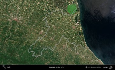 Ravenna. İtalya 'nın idari bölgesi, Mayıs 2017' de çekilen Kopernik Nöbetçi karolarından oluşan bir uydu görüntüsüyle özetlenmiştir.