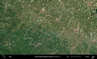 Unione della Romagna Faentina. İtalya 'nın idari bölgesi, Mayıs 2017' de çekilen Kopernik Nöbetçi karolarından oluşan bir uydu görüntüsüyle özetlenmiştir.