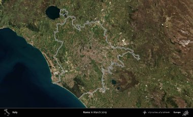 Roma. İtalya 'nın idari bölgesi, Mart 2019' da çekilen Kopernik Nöbetçi karolarından oluşan bir uydu görüntüsüyle özetlenmiştir.