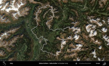 Salten-Schlern - Salto-Sciliar. İtalya 'nın idari bölgesi, Ekim 2019' da çekilen Kopernik Nöbetçi karolarından oluşan bir uydu görüntüsüyle özetlenmiştir.
