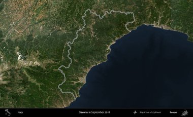 Savona. İtalya 'nın idari bölgesi, Eylül 2018' de çekilen Kopernik Nöbetçi karolarından oluşan bir uydu görüntüsüyle özetlenmiştir.
