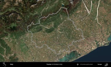 Treviso. İtalya 'nın idari bölgesi, Ekim 2019' da çekilen Kopernik Nöbetçi karolarından oluşan bir uydu görüntüsüyle özetlenmiştir.