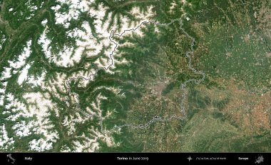 Torino. İtalya 'nın idari bölgesi, Haziran 2019' da çekilen Kopernik Nöbetçi karolarından oluşan bir uydu görüntüsüyle özetlenmiştir.