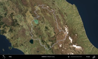 Umbria. İtalya 'nın idari bölgesi, Mart 2019' da çekilen Kopernik Nöbetçi karolarından oluşan bir uydu görüntüsüyle özetlenmiştir.