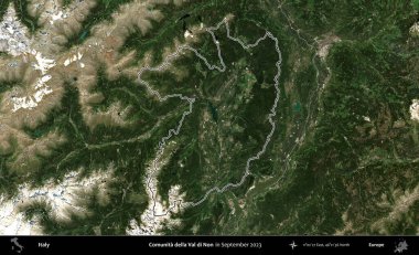 Comunita della Val di Non. İtalya 'nın idari bölgesi, Eylül 2023' te çekilen Kopernik Nöbetçi karolarından oluşan bir uydu görüntüsüyle özetlenmiştir.