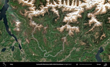 Comunita Montana della Valle Brembana. İtalya 'nın idari alanı Nisan 2017' de çekilen Kopernik Nöbetçi karolarından oluşan bir uydu görüntüsüyle özetlendi.