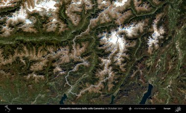 Comunita montana della valle Camonica. İtalya 'nın idari bölgesi, Ekim 2017' de çekilen Kopernik Nöbetçi karolarından oluşan bir uydu görüntüsüyle özetlenmiştir.