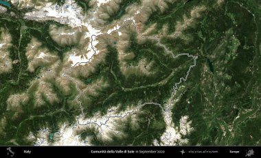Comunita della Valle di Sole. İtalya 'nın idari bölgesi, Eylül 2020' de çekilen Kopernik Nöbetçi karolarından oluşan bir uydu görüntüsüyle özetlenmiştir.