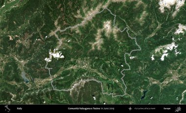 Comunita Valsugana ve Tesino. İtalya 'nın idari bölgesi, Haziran 2019' da çekilen Kopernik Nöbetçi karolarından oluşan bir uydu görüntüsüyle özetlenmiştir.