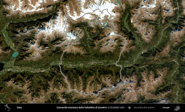 Comunita montana della Valtellina di Sondrio. İtalya 'nın idari bölgesi, Ekim 2017' de çekilen Kopernik Nöbetçi karolarından oluşan bir uydu görüntüsüyle özetlenmiştir.