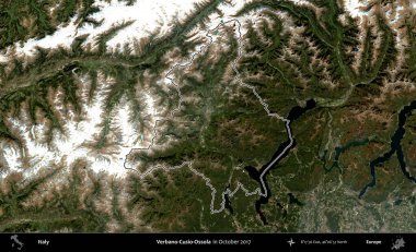 Verbano-Cusio-Ossola. İtalya 'nın idari bölgesi, Ekim 2017' de çekilen Kopernik Nöbetçi karolarından oluşan bir uydu görüntüsüyle özetlenmiştir.