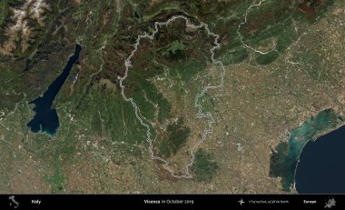Vicenza. İtalya 'nın idari bölgesi, Ekim 2019' da çekilen Kopernik Nöbetçi karolarından oluşan bir uydu görüntüsüyle özetlenmiştir.