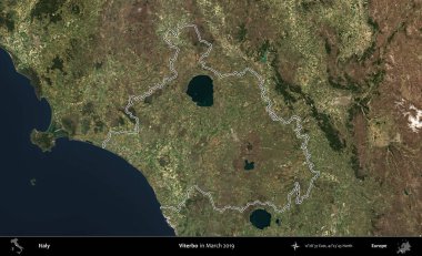 Viterbo. İtalya 'nın idari bölgesi, Mart 2019' da çekilen Kopernik Nöbetçi karolarından oluşan bir uydu görüntüsüyle özetlenmiştir.