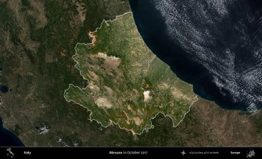 Abruzzo. İtalya 'nın idari alanı, Ekim 2017' de çekilen Kopernik Nöbetçi karolarından oluşan koyu renkli bir uydu görüntüsü üzerine vurgulandı ve özetlendi.