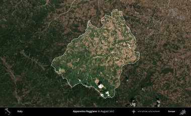 Appennino Reggiano. İtalya 'nın idari alanı, Ağustos 2017' de çekilen Kopernik Sentinel karolarından oluşan koyu renkli bir uydu görüntüsü üzerinde vurgulandı ve özetlendi.