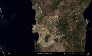 Aristanis. İtalya 'nın idari alanı, Ekim 2017' de çekilen Kopernik Nöbetçi karolarından oluşan koyu renkli bir uydu görüntüsü üzerine vurgulandı ve özetlendi.