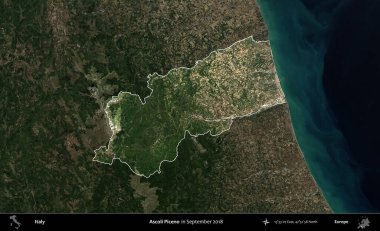 Ascoli Piceno. İtalya 'nın idari alanı, Eylül 2018' de çekilen Kopernik Sentinel karolarından oluşan koyu renkli bir uydu görüntüsü üzerinde vurgulandı ve özetlendi.