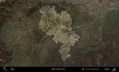 Asti. İtalya 'nın idari alanı, Mart 2019' da çekilen Kopernik Nöbetçi karolarından oluşan koyu renkli bir uydu görüntüsü üzerine vurgulandı ve özetlendi.