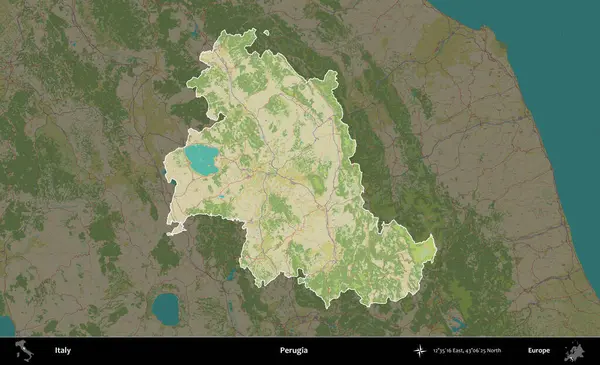 Perugia. İtalya 'nın idari alanı koyu renkli bir Topografik İnsani Yardım Stili haritasına vurgulandı ve özetlendi