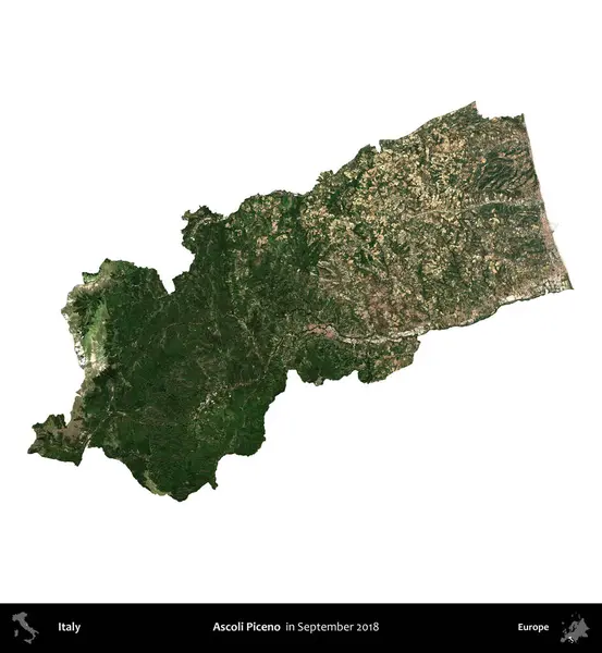 Ascoli Piceno. İtalya 'nın idari bölgesi, Eylül 2018' de çekilen Kopernik Nöbetçi karolarından oluşan bir uydu görüntüsü ile beyaza izole edildi.