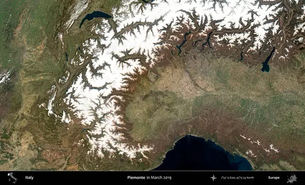 Piemonte. Mart 2019 'da çekilen Copernicus Sentinel karolarından oluşan bir uydu görüntüsü üzerine İtalya' nın idari bölgesi