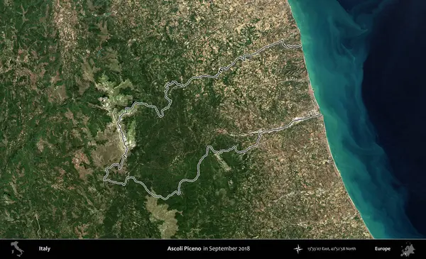 Ascoli Piceno. İtalya 'nın idari bölgesi, Eylül 2018' de çekilen Kopernik Nöbetçi karolarından oluşan bir uydu görüntüsüyle özetlenmiştir.