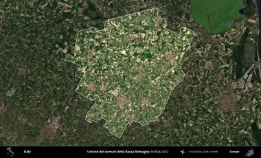 Unione dei comuni della Bassa Romagna. İtalya 'nın idari alanı, Mayıs 2017' de çekilen Kopernik Sentinel karolarından oluşan koyu renkli bir uydu görüntüsü üzerinde vurgulandı ve özetlendi.
