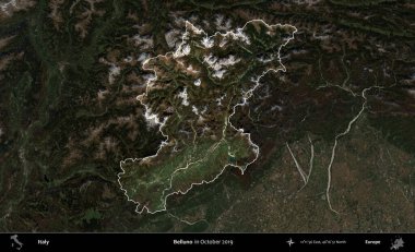 Belluno. İtalya 'nın idari alanı, Ekim 2019' da çekilen Kopernik Nöbetçi karolarından oluşan koyu renkli bir uydu görüntüsü üzerine vurgulandı ve özetlendi.