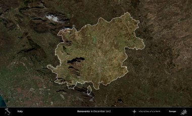 Benevento. İtalya 'nın idari alanı, Aralık 2017' de çekilen Kopernik Nöbetçi karolarından oluşan koyu renkli bir uydu görüntüsü üzerine vurgulandı ve özetlendi.