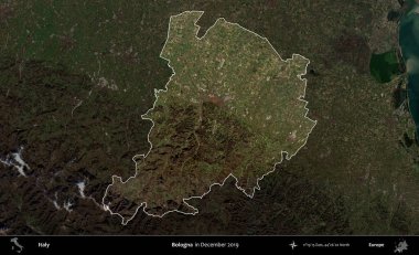 Bologna. İtalya 'nın idari alanı, Aralık 2019' da çekilen Kopernik Nöbetçi karolarından oluşan koyu renkli bir uydu görüntüsü üzerine vurgulandı ve özetlendi.
