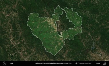 Unione dei Comuni Montani del Casentino. İtalya 'nın idari alanı, Haziran 2019' da çekilen Kopernik Sentinel karolarından oluşan koyu renkli bir uydu görüntüsü üzerine vurgulandı ve özetlendi.