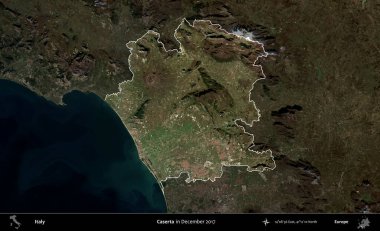 Caserta. İtalya 'nın idari alanı, Aralık 2017' de çekilen Kopernik Nöbetçi karolarından oluşan koyu renkli bir uydu görüntüsü üzerine vurgulandı ve özetlendi.