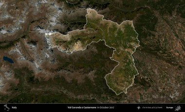 Val Ceronda ve Casternone. İtalya 'nın idari alanı, Ekim 2017' de çekilen Kopernik Nöbetçi karolarından oluşan koyu renkli bir uydu görüntüsü üzerine vurgulandı ve özetlendi.