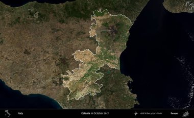Catania 'da. İtalya 'nın idari alanı, Ekim 2017' de çekilen Kopernik Nöbetçi karolarından oluşan koyu renkli bir uydu görüntüsü üzerine vurgulandı ve özetlendi.