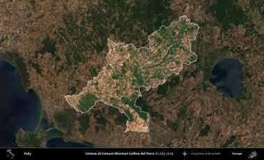 Unione di Comuni Montani Colline del Fiora. İtalya 'nın idari alanı, Temmuz 2019' da çekilen Kopernik Nöbetçi karolarından oluşan koyu renkli bir uydu görüntüsü üzerine vurgulandı ve özetlendi.