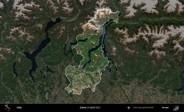 Como. İtalya 'nın idari alanı, Nisan 2017' de çekilen Kopernik Sentinel karolarından oluşan koyu renkli bir uydu görüntüsü üzerinde vurgulandı ve özetlendi.