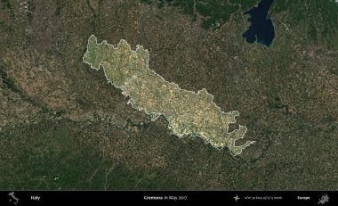 Krema. İtalya 'nın idari alanı, Mayıs 2017' de çekilen Kopernik Sentinel karolarından oluşan koyu renkli bir uydu görüntüsü üzerinde vurgulandı ve özetlendi.
