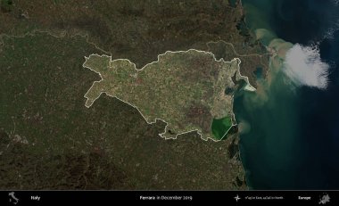 Ferrara. İtalya 'nın idari alanı, Aralık 2019' da çekilen Kopernik Nöbetçi karolarından oluşan koyu renkli bir uydu görüntüsü üzerine vurgulandı ve özetlendi.