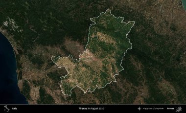 Firenze. İtalya 'nın idari alanı, Ağustos 2020' de çekilen Kopernik Sentinel karolarından oluşan koyu renkli bir uydu görüntüsü üzerine vurgulandı ve özetlendi.