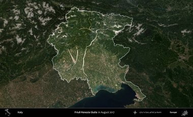 Friuli-Venezia Giulia. İtalya 'nın idari alanı, Ağustos 2017' de çekilen Kopernik Sentinel karolarından oluşan koyu renkli bir uydu görüntüsü üzerinde vurgulandı ve özetlendi.