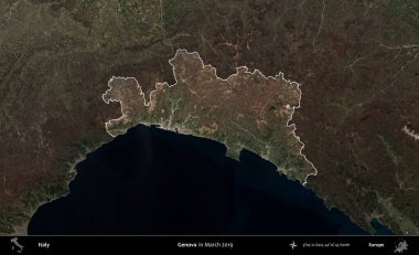 Cenova. İtalya 'nın idari alanı, Mart 2019' da çekilen Kopernik Nöbetçi karolarından oluşan koyu renkli bir uydu görüntüsü üzerine vurgulandı ve özetlendi.